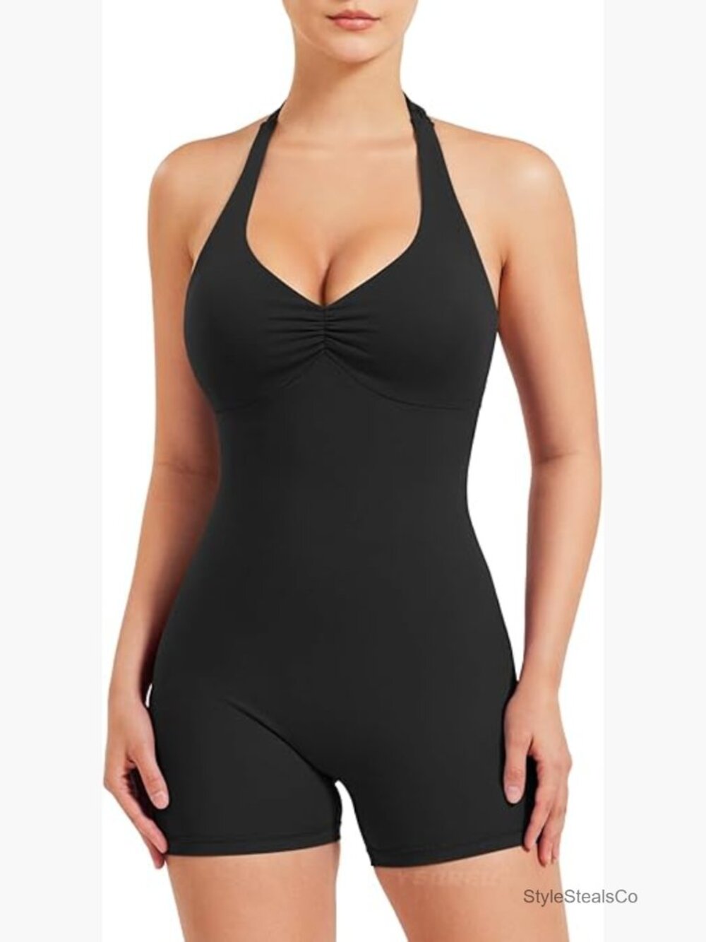 Halter Backless Bodysuit Jumpsuit Hidden Scrunch V Back Yoga Romper Sleeveless